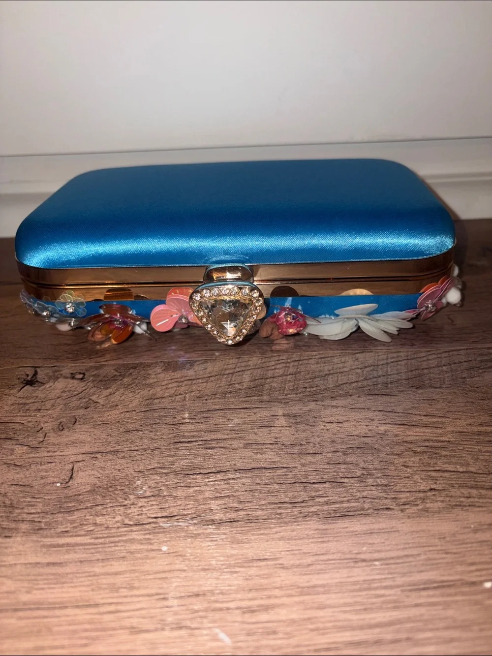 Embellished Floral Sequin Blue Evening Clutch